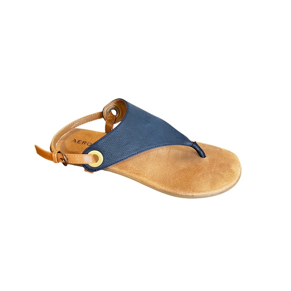 Aerosoles Chlock In Blue Tan Thong Sandals Womens 9M Flat Ankle Strap T-Strap